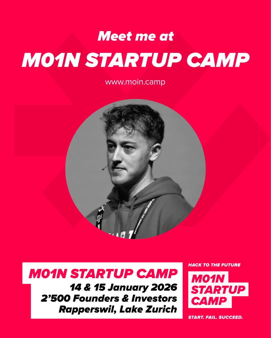 I'm Attending M01N Startup Camp LinkedIn graphic — Switzerland's largest startup conference share card
