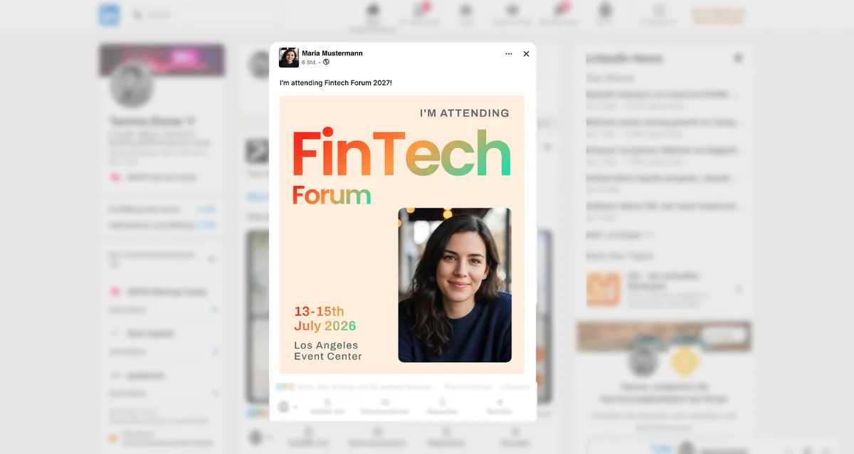 LinkedIn feed showing an I'm Attending event graphic post with engagement